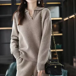 Autumn Winter High-End Knitted Wide Leg Pants Set Women's Casual Loose Sports Polo-Neck Sweater Two-Piece Set Pants Suits Female