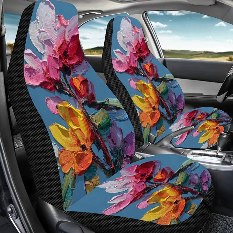 Two-Piece 3D Floral Printed Car Seat Covers That Are Easy To Clean, Featuring Stylish And Fun Patterns Suitable For All Seasons.