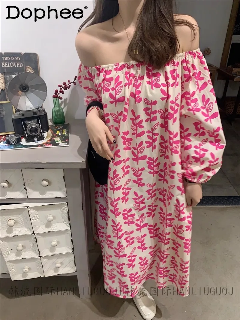 

Korean Style Sweet Dress Pastoral Style Oversized Summer Dress Loose Fashion Sexy Off-the-Shoulder Puff Sleeve Mid-Length Dress