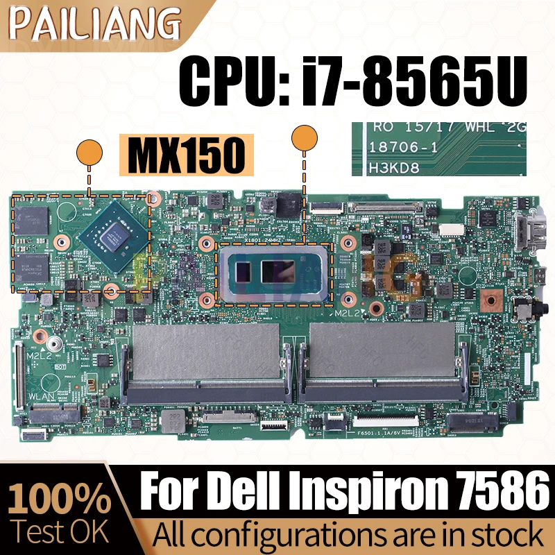 

For Dell Inspiron 7586 Notebook Mainboard Laptop 18706-1 i7-8565U MX150 0C6KN0 Motherboard Full Tested