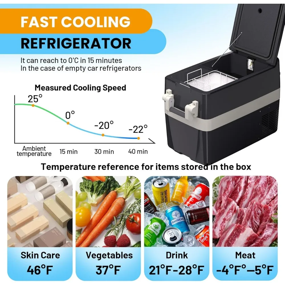مبرد كهربائي 42QT (40 لتر)، ثلاجة 12 فولت، فريزر محمول 12 فولت/24 فولت تيار مستمر 110-240 فولت تيار متردد، ثلاجة 12 فولت 0 ℉ ~50 ℉ ، ثلاجة سيارة 12 فولت