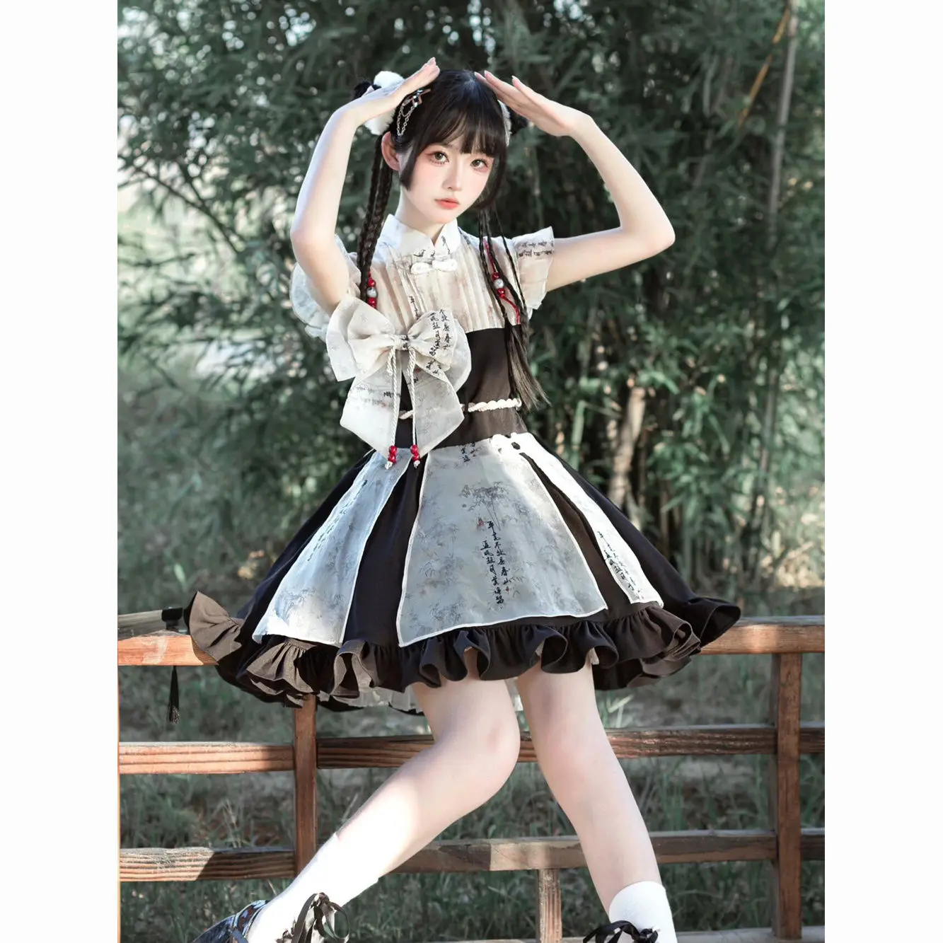 

Japan Lolita New Chinese Retro Hanfu Element Style Sweet Fairy Bow Lolita Dress Summer Women Short Sleeve Patchwork Design Skirt