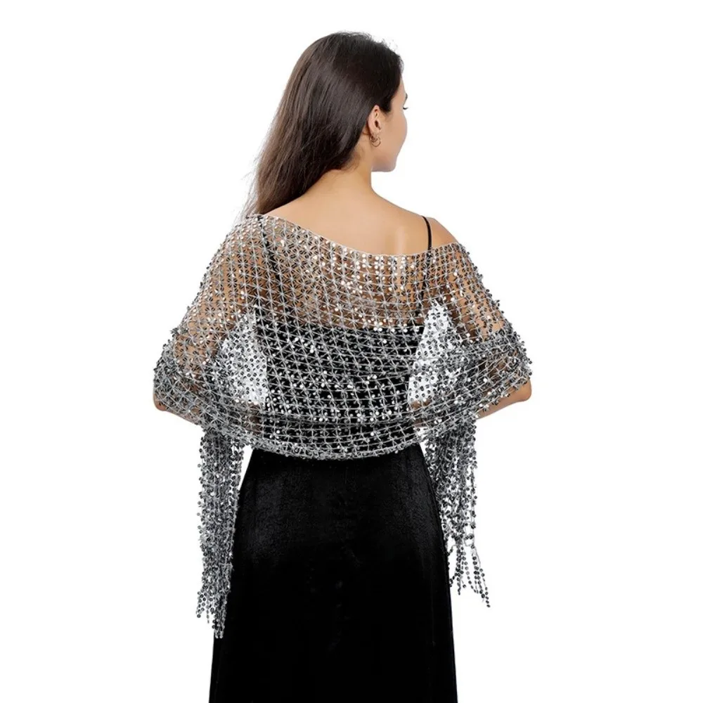 Luxury Elegant Sparkle Sequin Fringe Scarf Formal Hollow Out Glitter Shawl Vintage Wrap Boho Headscarf Evening Dress