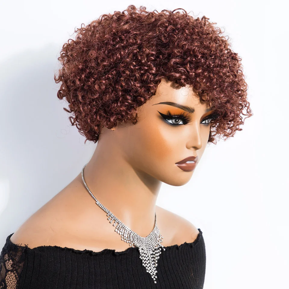 Lekker Natural Brown Short Pixie Cut Afro Kinky Curly Bob Human Hair Wig For Women Brazilian Remy Hair Full Machine  Colored Wig