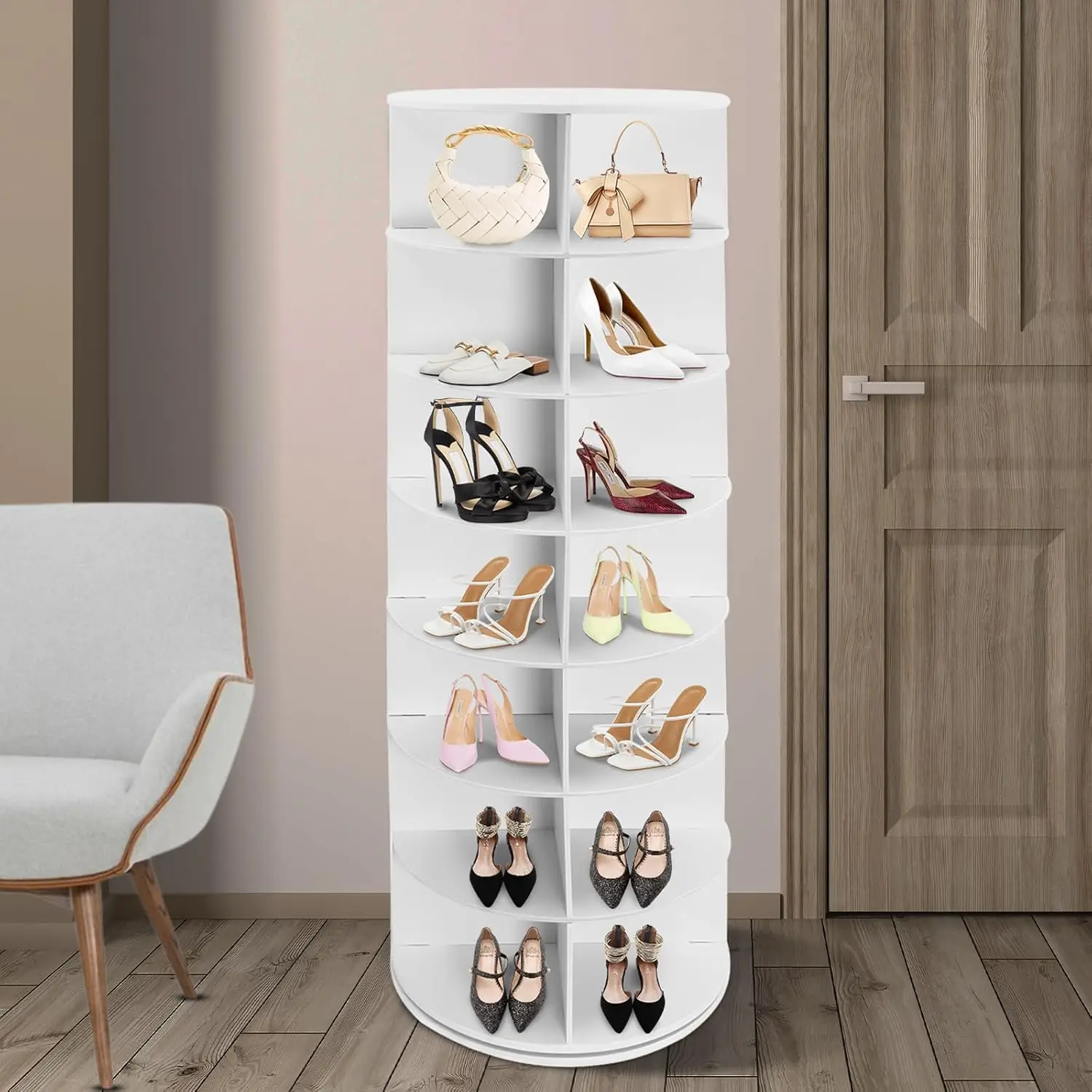 Rotating Shoe Rack Tower 360° Revolving Spinning Display 7 Tier Entryway Living Room Hallway, Customized