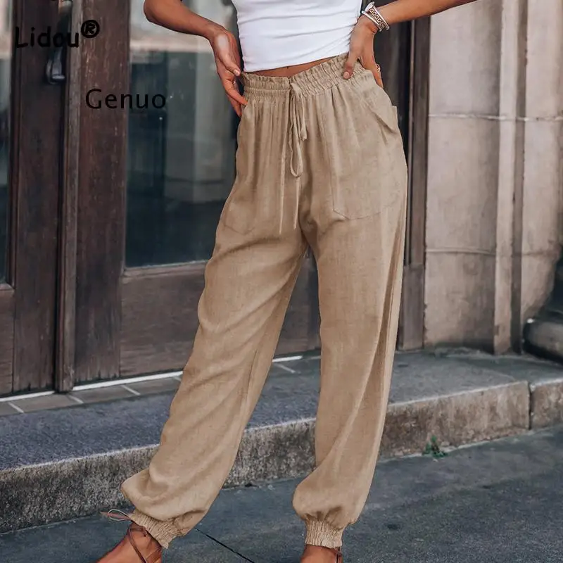 

Women's Pants Cotton Linen Lacing Patchwork Pockets Little Feet Solid Spring Casual Drawstring High Waist Pencil Long Trousers