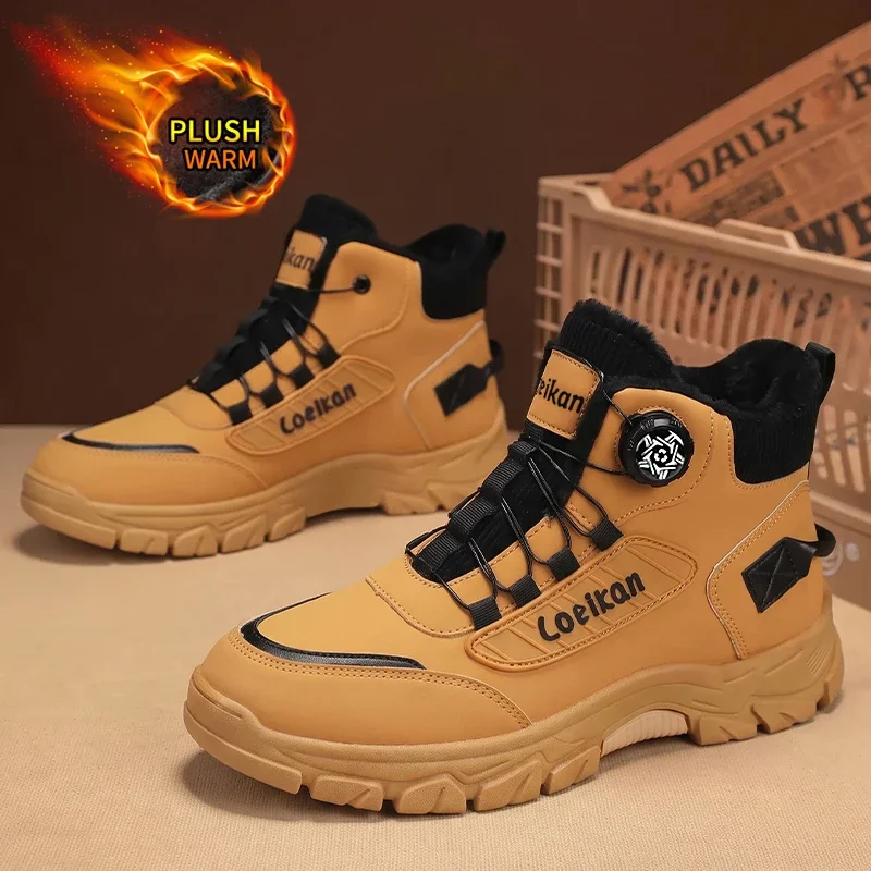 Men Warm Fleece Winter Boots Rotary Buckle High Top Non‑Slip Thick Sole Comfort Shoes For Cold Season Daily City Wear