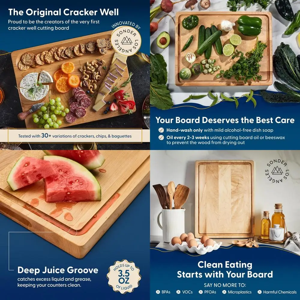 

Большая кухонная разделочная доска из кленового дерева 17x13 с канавкой для сока и отделением для сортировки — сделано в США, в подарочную коробку