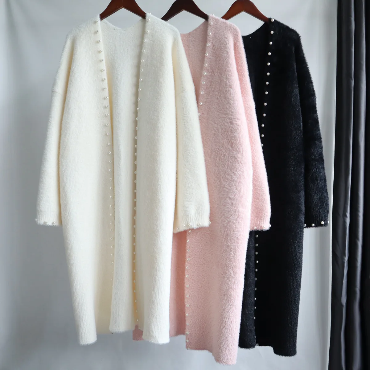 2024 Autumn Women Open Stitch Vintage Thick Furry Pearl Beading Warm Cardigans Long Sweater Coat Cardigans Pink Beige Outwear