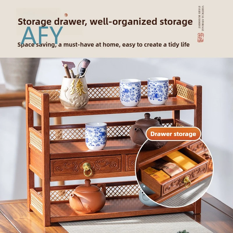 Chinese Style Desk Organizer for Home Office for Tea Shelf for Solid Wood Cup Holder for Multi-layer Storage Rack for Bamboo