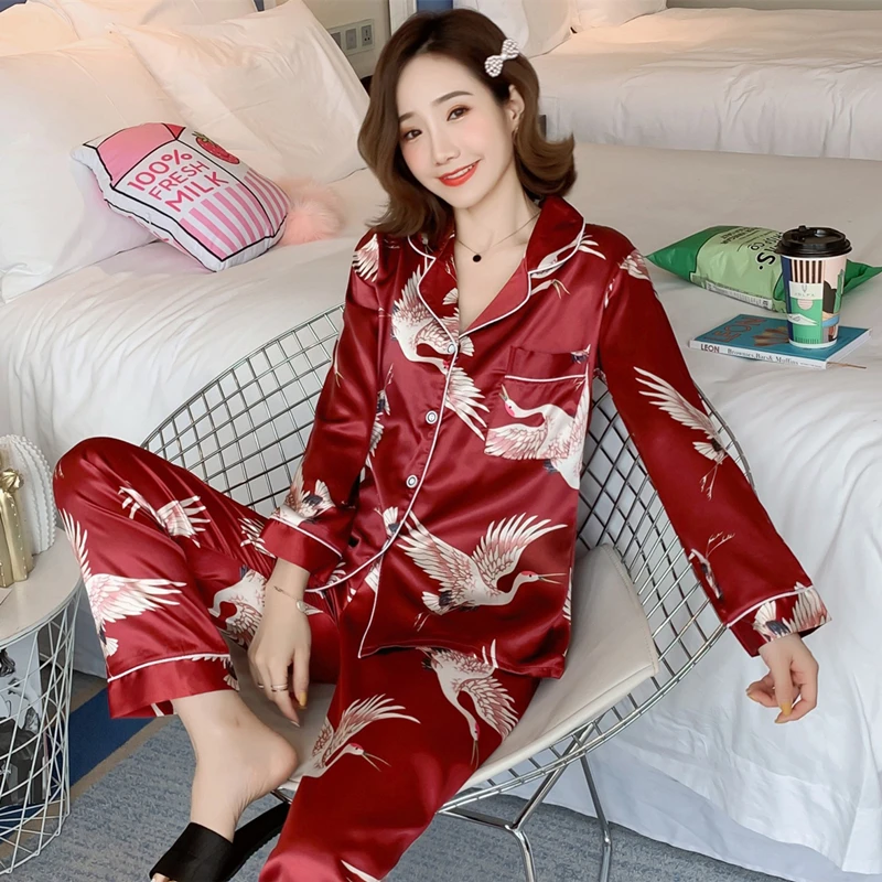 Spring and Autumn Pajamas Women Ice Silk Thin Section Flowers and Plants Long-sleeved Trousers Loose Korean Home Service Suit