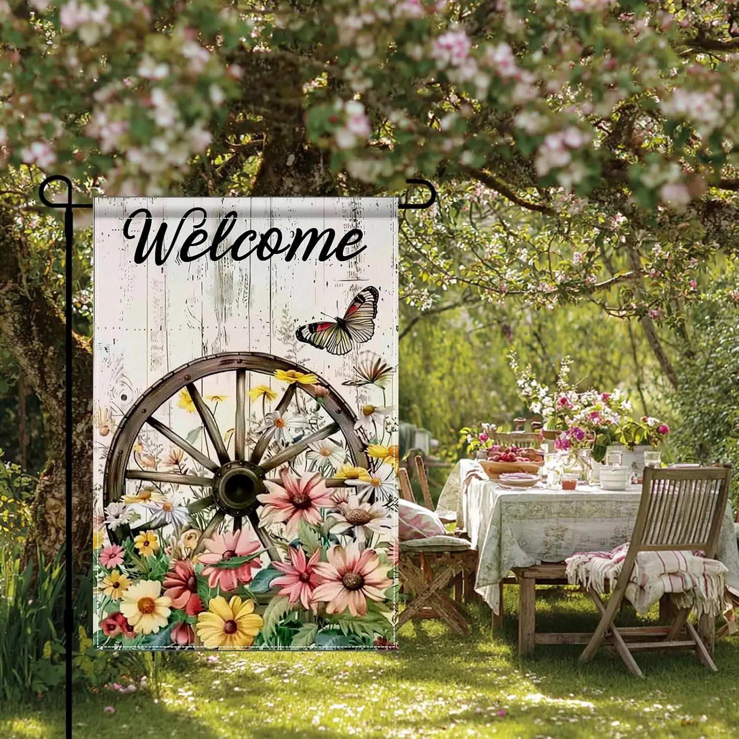 BlissYard Spring Garden Flag 12x18 Inch Double Sided Welcome Vintage Wagon Wheel Wildflower Butterfly Rustic Farmhouse Yard  zzo