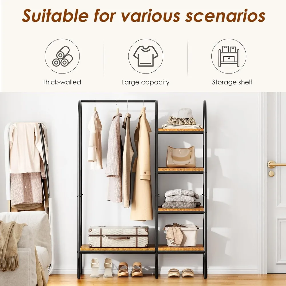 5-Shelf Freestanding Garment Rack with Hanging Bar for Clothes Storage and Display