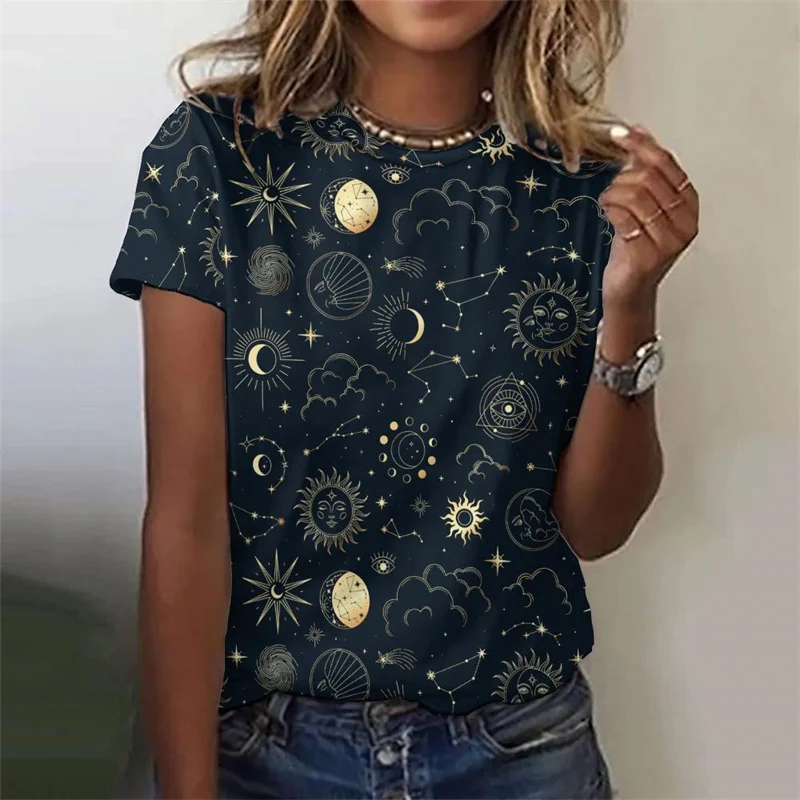 Grande taille décontracté t-shirt ample col rond hauts manches courtes 3D imprimé soleil étoiles lune t-shirt pour les femmes ciel étoilé t-shirts graphiques
