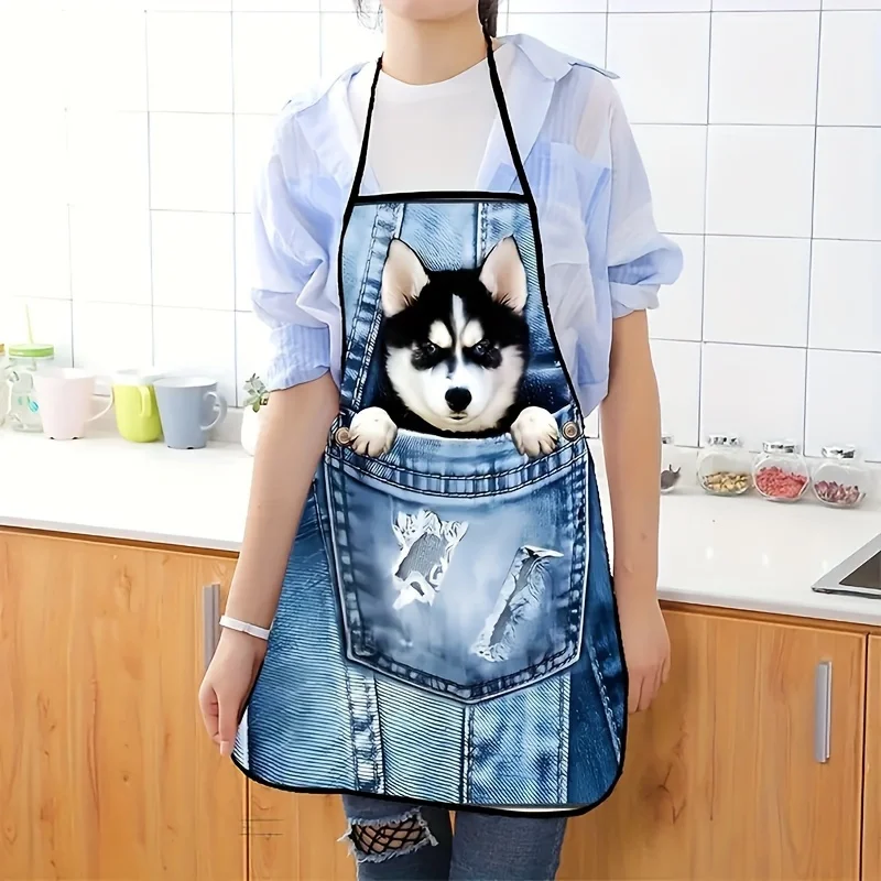 1pc Cute Husky Denim Print Apron Sleeveless Polyester Kitchen Baking Apron with Adjustable Straps