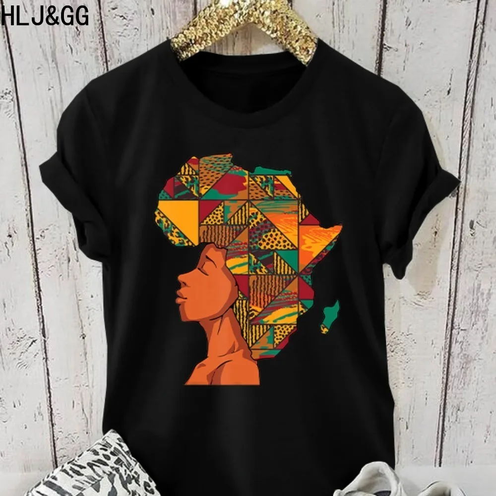 Hlj & Gg Zwarte Zomer Nieuwe Afrikaanse Patroonprint T-Shirts Vrouwen Ronde Hals Korte Mouw Slanke Tops Casual Dames Bijpassende Kleding