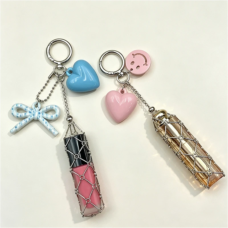 10PCS Colorful Love Bow Smile Pendant Lipstick Mesh Bag Fashionable Pullable Independent Versatile Keychain