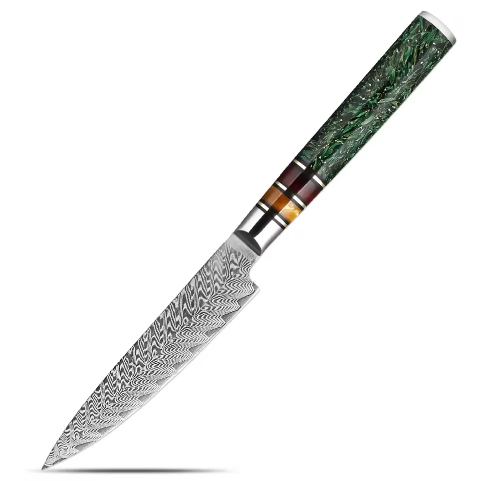 5-Zoll-Allzweckmesser, japanisches Küchenmesser, kleines Kochmesser, scharfes Obstmesser aus Damaststahl, Griff aus Reisschalen-Harz