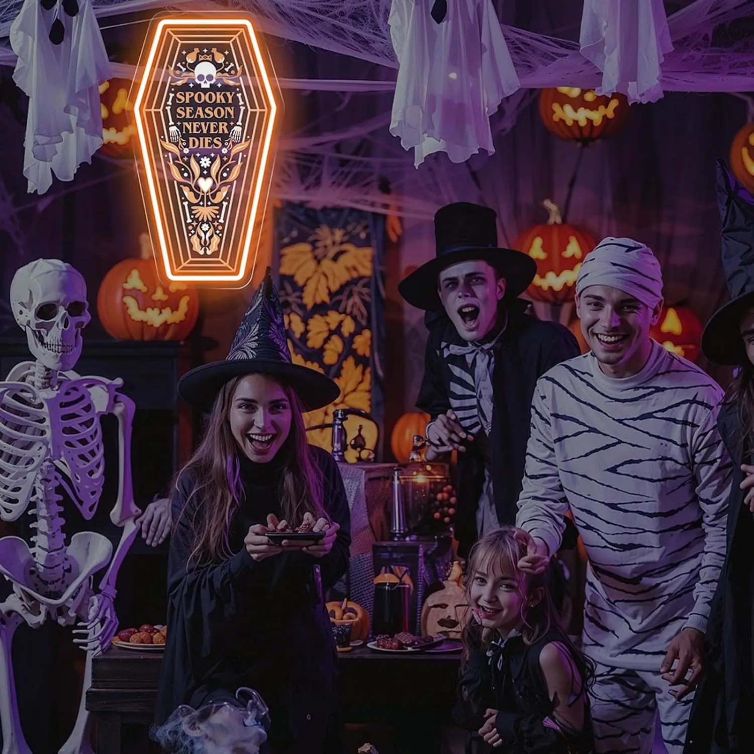 Spooky Season Never Dies Neon Sign LED Coffin Skull Neon Light USB Wall Lamp for Halloween Party Front Door Home Decor Gift