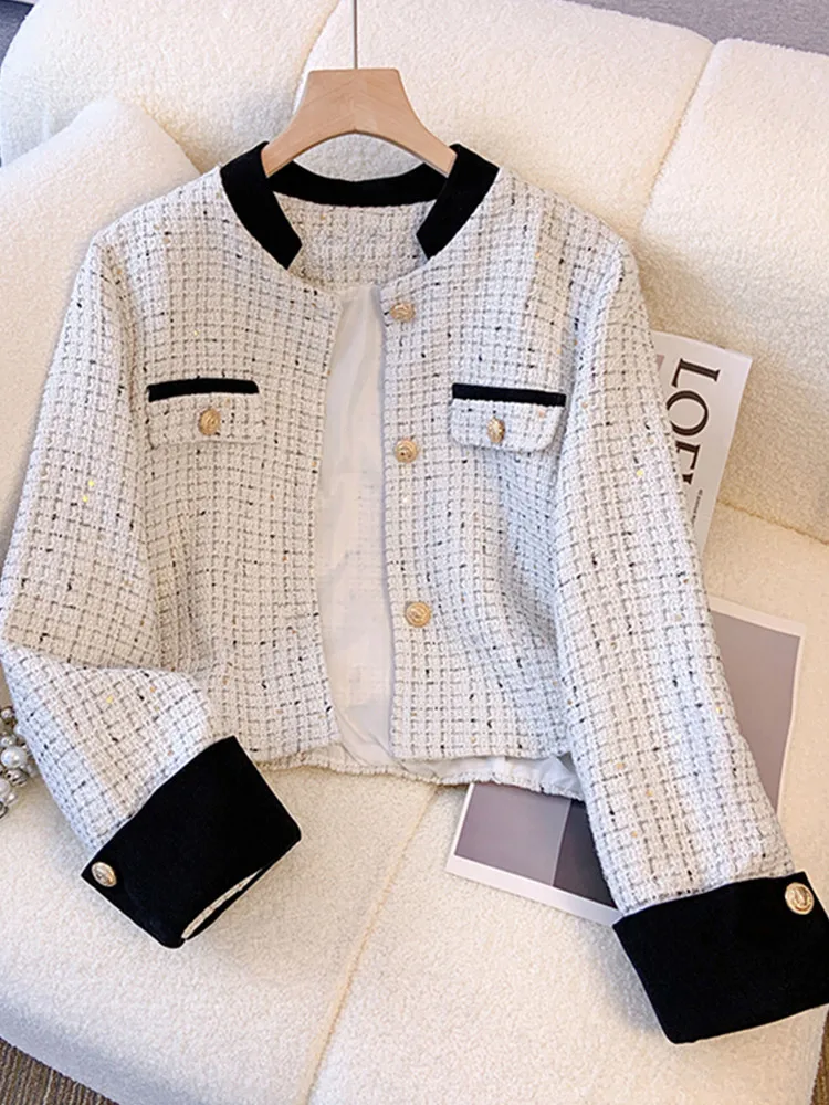 

2023 New Fashion Small Fragrant Plaid Short Coat For Women Autumn French Style Celebrity High Grade Sequin Tweed Top