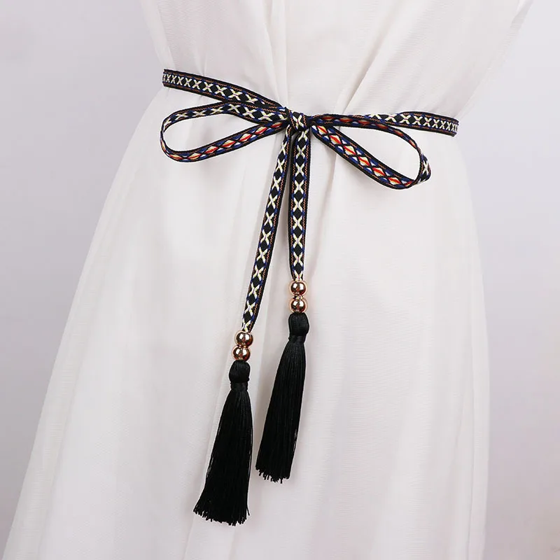 New Ethnic Style Belt Women\'s Long Skirt Lengthened Tassel Waist Rope Embroidery Delicate Accessories Bow Designer Belt