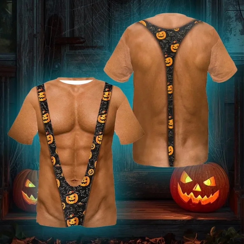 Hairy Chest Halloween T-shirt, Fun Muscle Faux Fur T-shirt, Adult Halloween Costume Men's Parody Gift Novel and Funny T-shirt