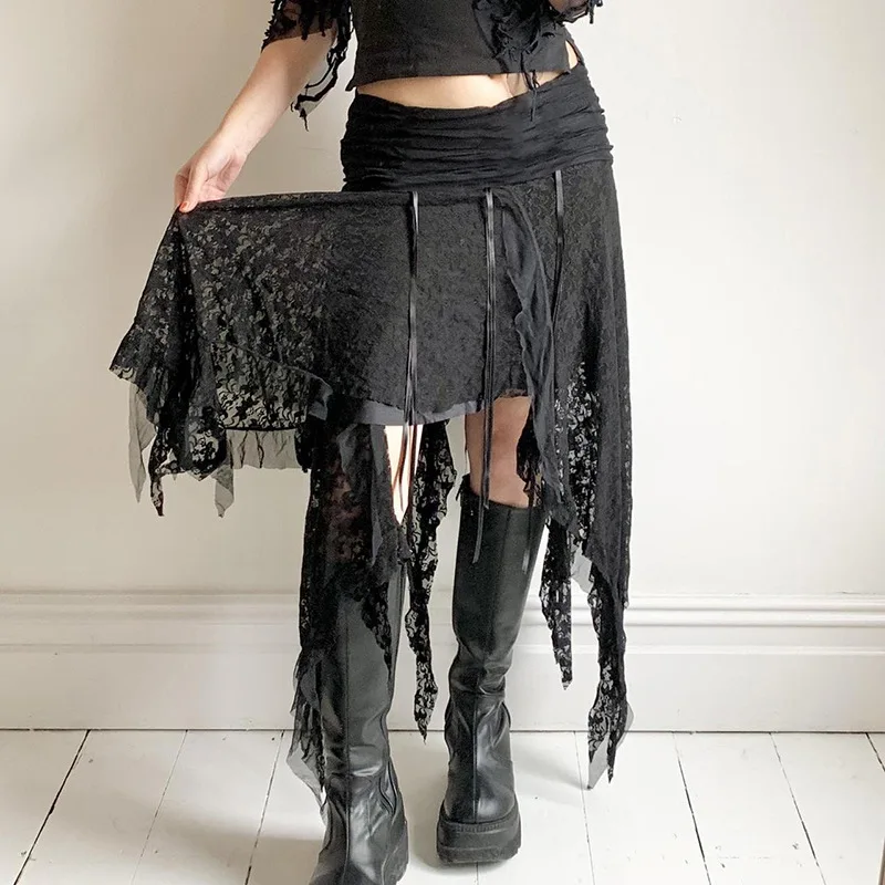 Dark Black Girly Lace Ribbon Long Skirt Solid Color Irregular Design Hem Skirt