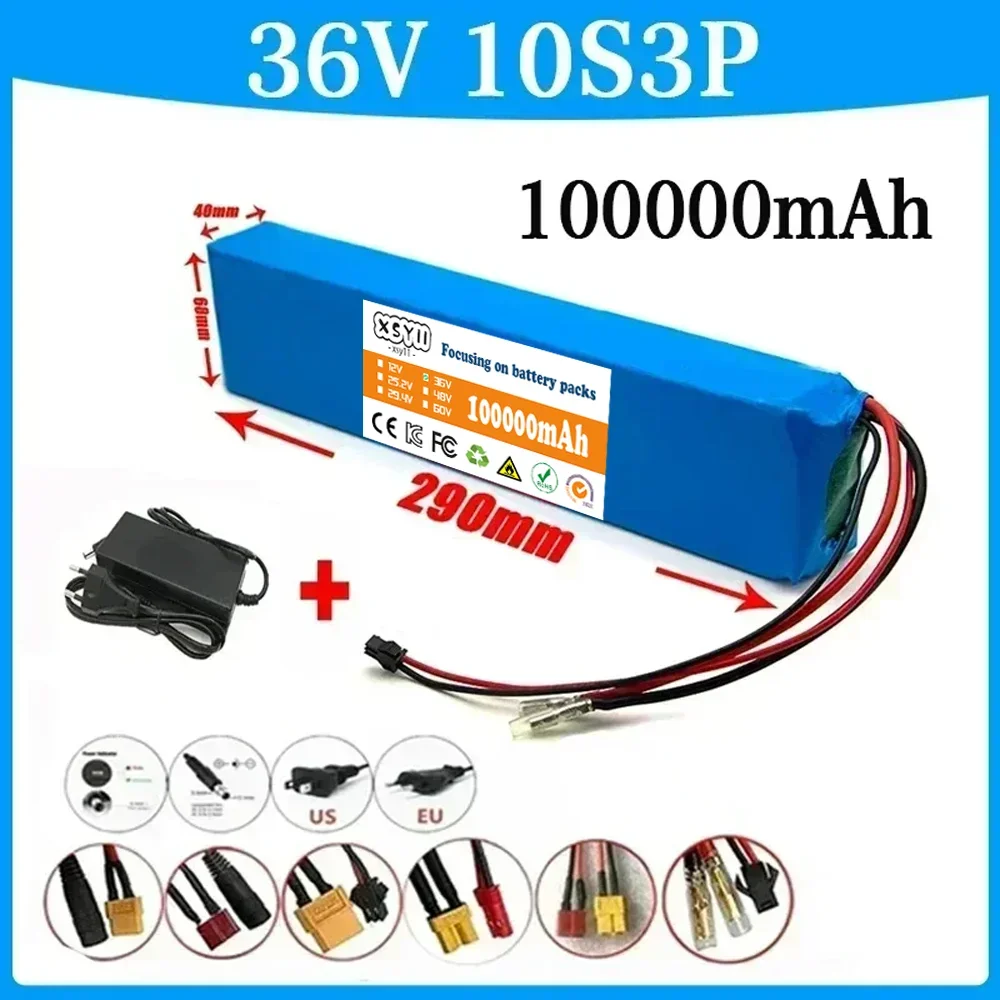 10S3P 36V 100000mAh 18650 Rechargeable Lithium Battery Pack Power Modified Bicycle Scooter Electric Vehicle with BMS+Charger