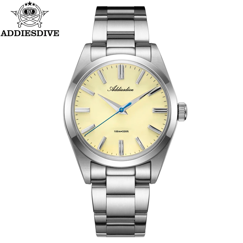 ADDIESDIVE Quartz Watch Men Luxury Sapphire Crystal 36mm Beige Dial Stainless Steel Wristwatch 100m Water Resistant Reloj Hombre