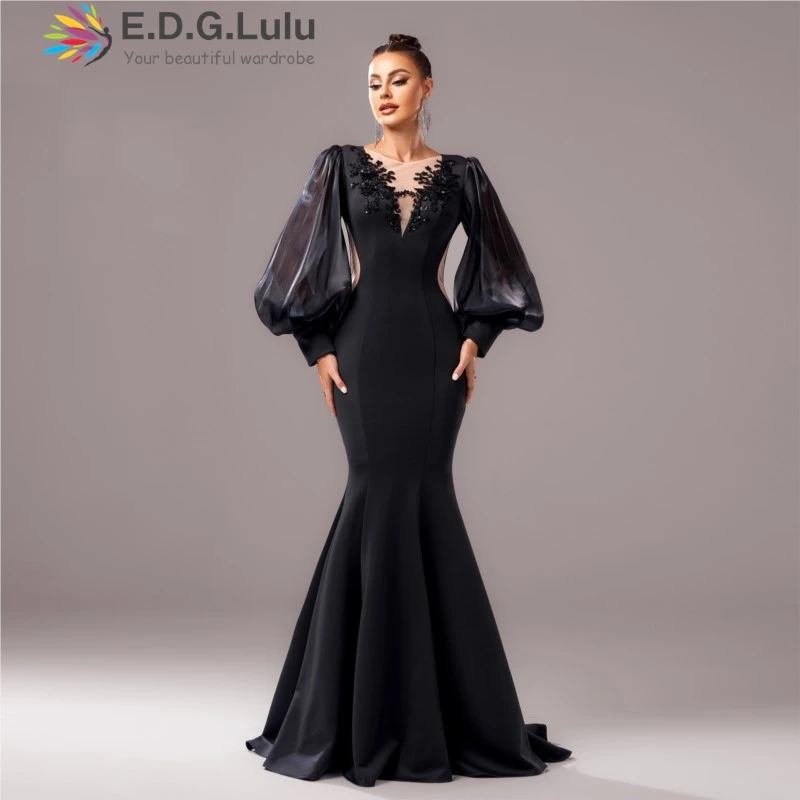 EDGLuLu O Neck Lantern Sleeves Black Birthday Dress Elegant High Waist Mesh Splicing Long Dresses For Women Mermaid Dresses 0110