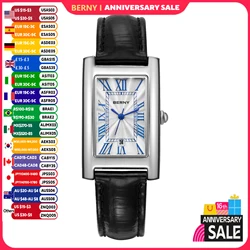 BERNY Tank Watches for Men Calendar Date Quartz Men's Watch Leather Strap Rectangle Dial Classic Dress Male Wristwatch