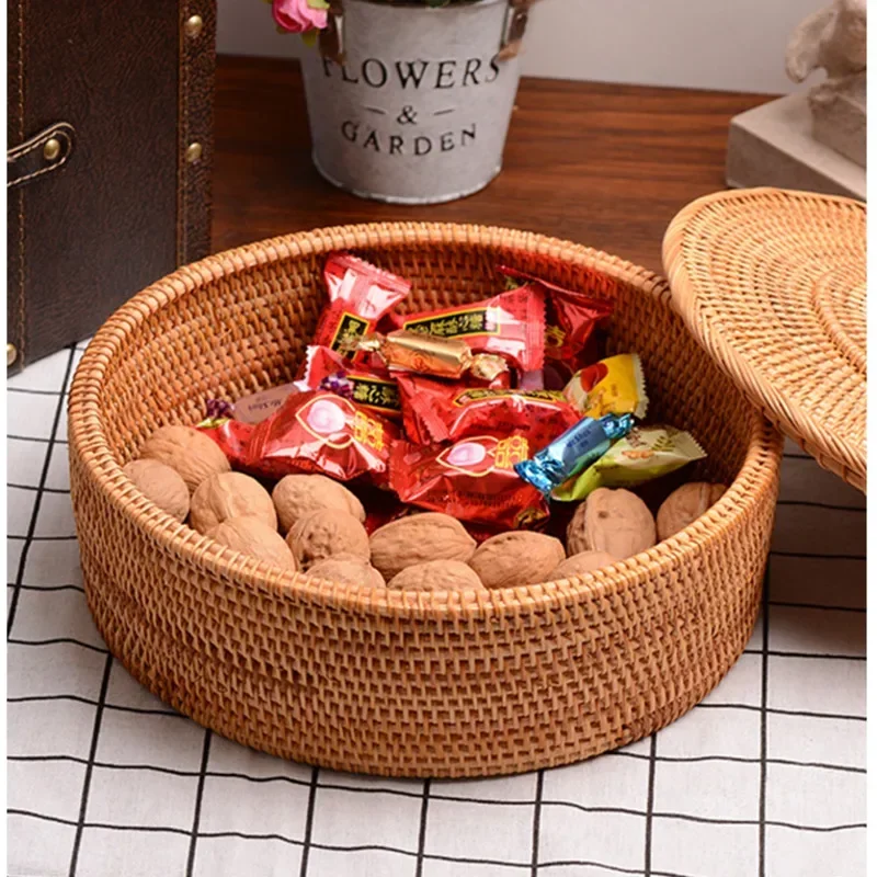 Korean Home Storage Baskets Natural Vine Weaving Fruit Tray Dust Belt Cover Organize Baskets Retro Round Storage Box