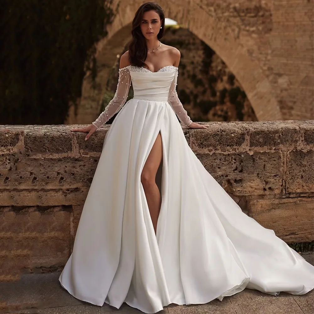 فستان زفاف أنيق مخصص الحبيب كم كامل الديكور اللؤلؤ عالية الشق قطار الاجتياح امرأة العروس ثوب الزفاف