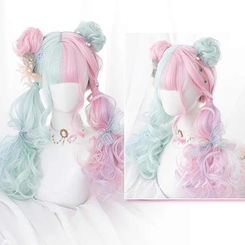 Wig sintetis jahitan merah muda dan hijau Ombre, Wig gelombang alami Cosplay Lolita panjang dengan poni tahan panas