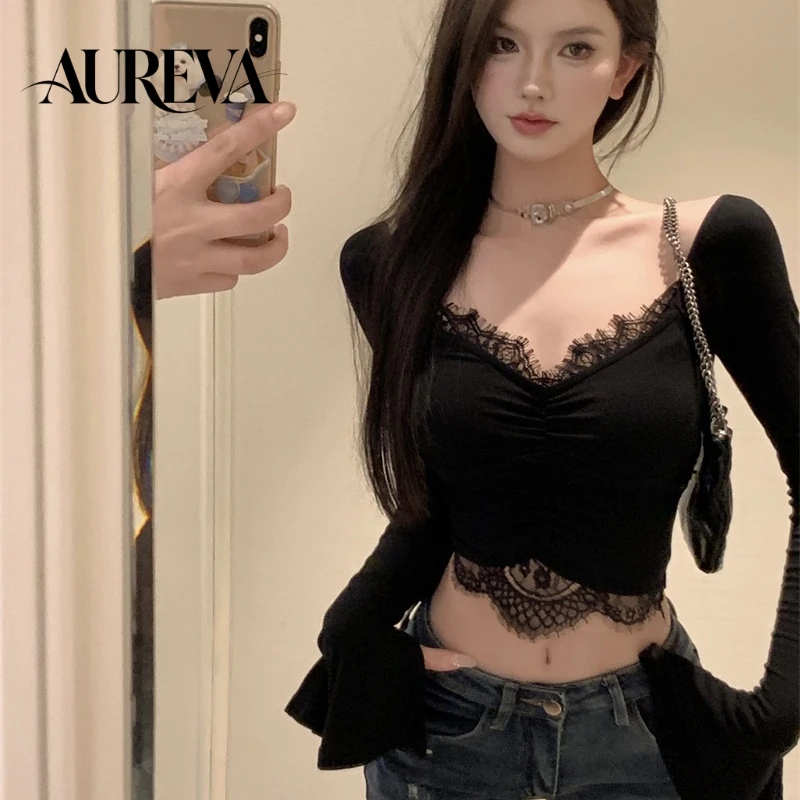 Autumn Women's Sexy V-Neck Ruched Lace Spliced Flare Long Sleeve Top Slim Fit Cropped Belly Exposed Spicy Girl Layering Basic