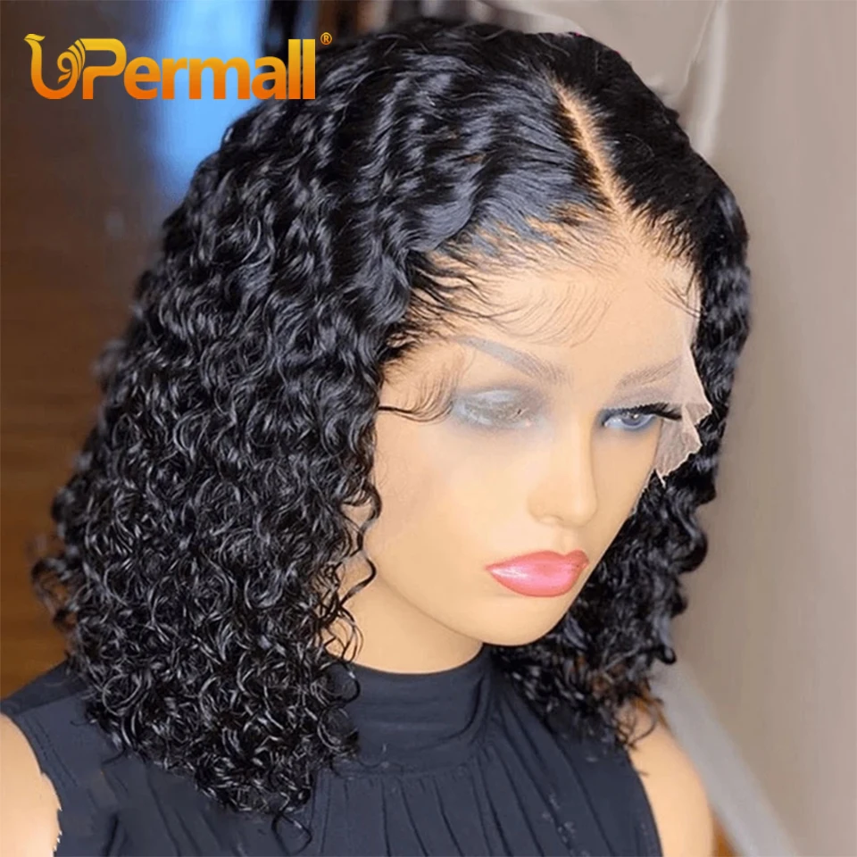 Upermall Short Bob Wig Lace Front Human Hair Wigs For Black Women Deep Wave HD Transparent 13x4 Frontal 4x4 Closure Wig Curly