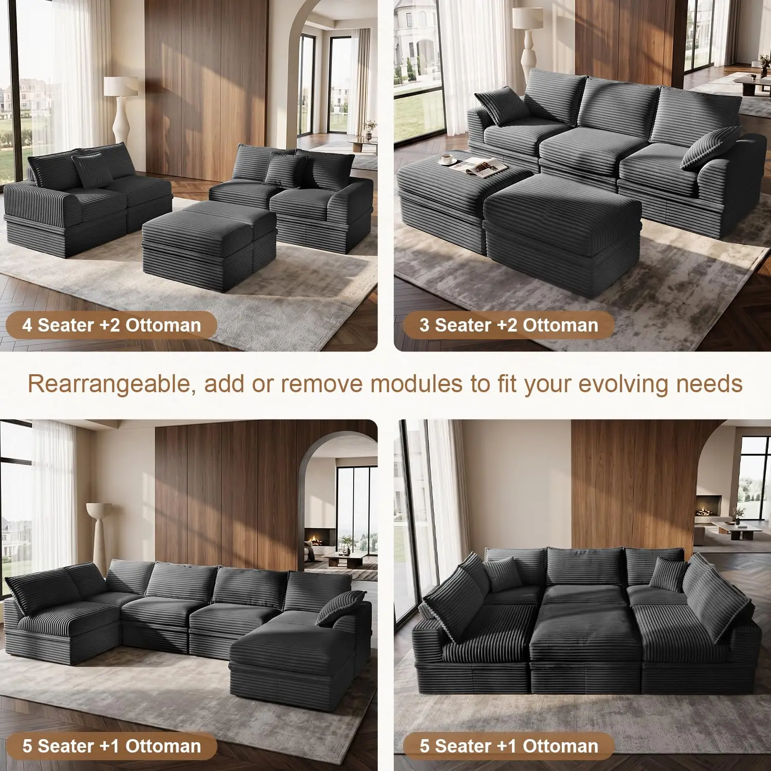 Extra Deep Modular Sectional Sofa with Storage Ottoman, Tool-Free Assembly L Shaped Couch for Living Room, Dark Grey, Customized