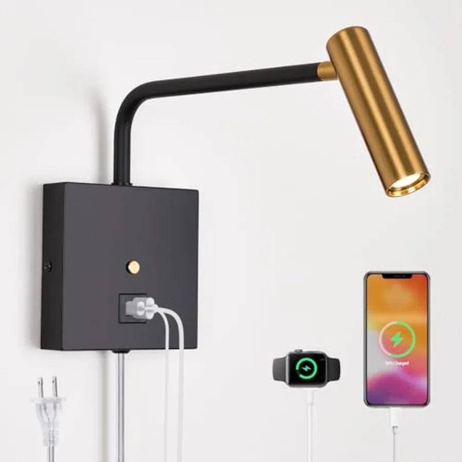 

LED Wall Lamp Wall Mounted Reading Lights, Dimmable Adjustable Headboard Plug in Wall Sconce with USB C+A Ports, Indoor LED Wal