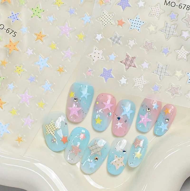 

6pcs 5d Embossed Nail Art Decals Candy Color Hollow Stars Stickers For Nails Art Manicures Tips Decorated