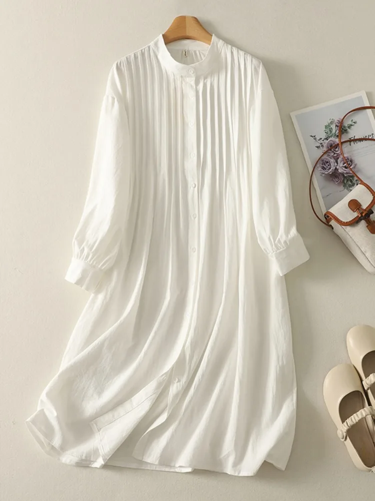 Vestido Largo de Algodón y Lino de Manga Larga con Cuello Blanco Estilo Japonés para Mujer, Vestido Largo Holgado con Pliegues de Acordeón para Otoño