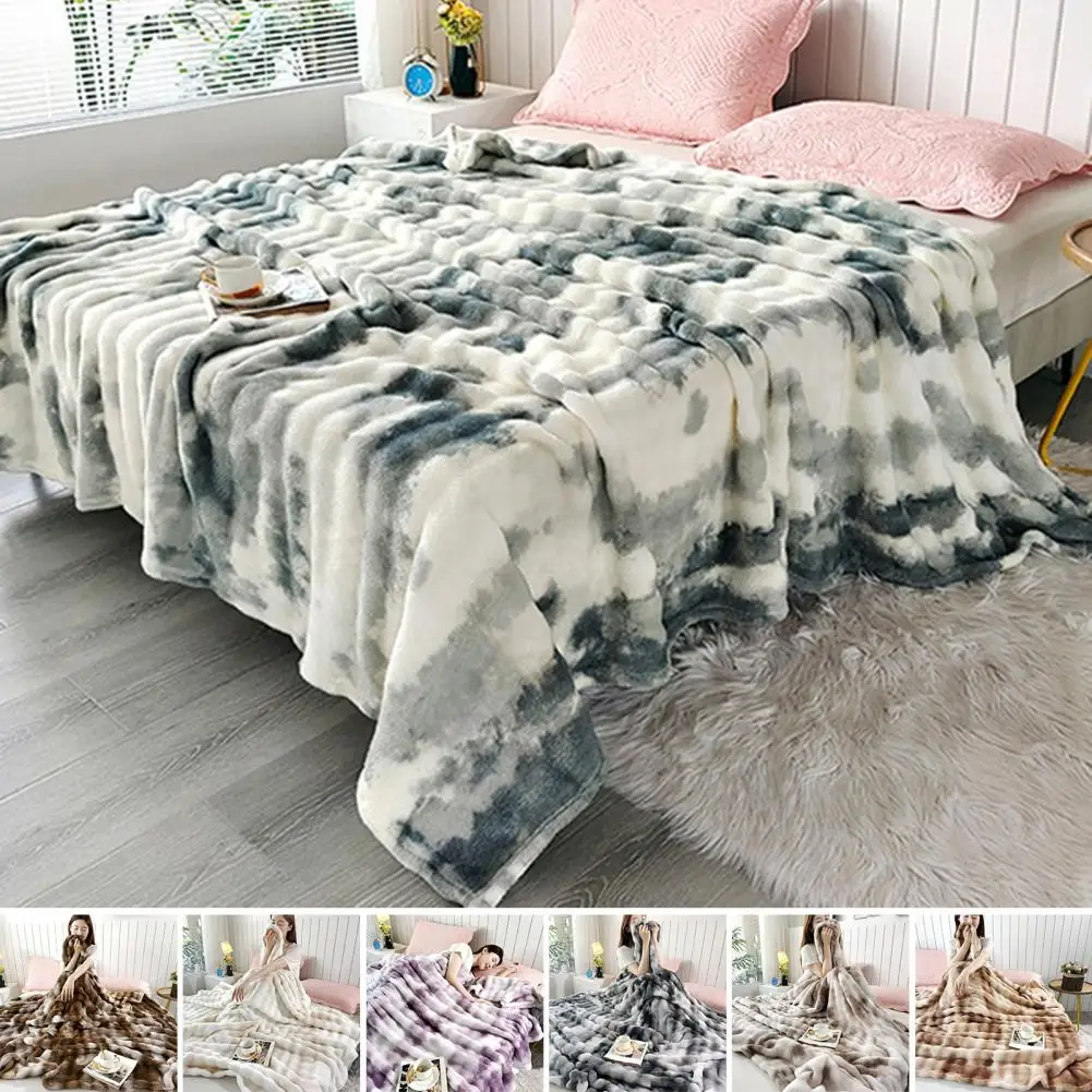 Soft Fuzzy Bed Blanket 3d Bubble Plush Throw Blanket Tie Dye Faux Rabbit Fur Fleece Soft Warm Cozy Decorative Cover for Couch