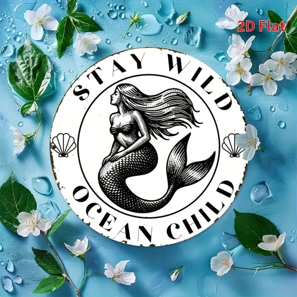 Round Metal Wall Art Print with Sea Shells and Starfish, Rustic Black and White Design, 2D Flat, Stay Wild Mermaid, Ocean-Themed