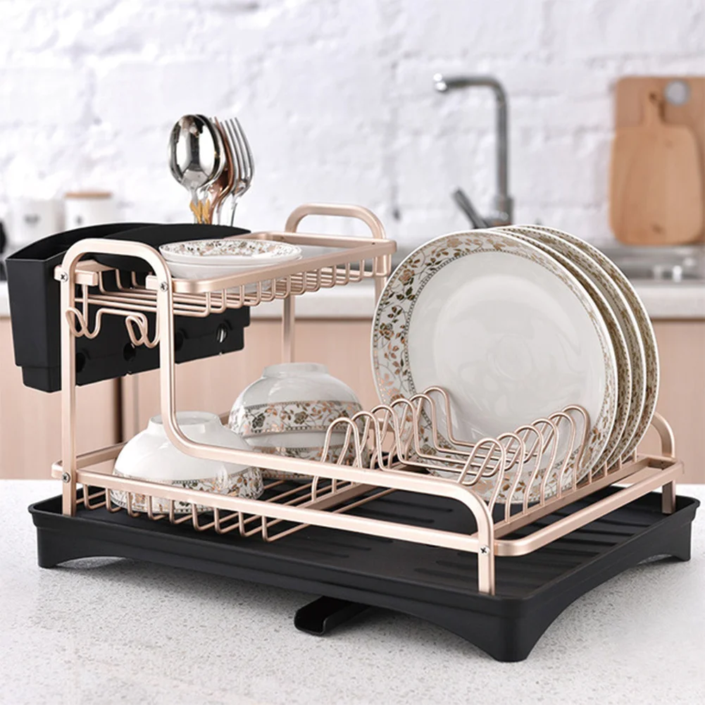 2 Tier Aluminum Dish Storage Rack with Cutlery Holder Drain Hole