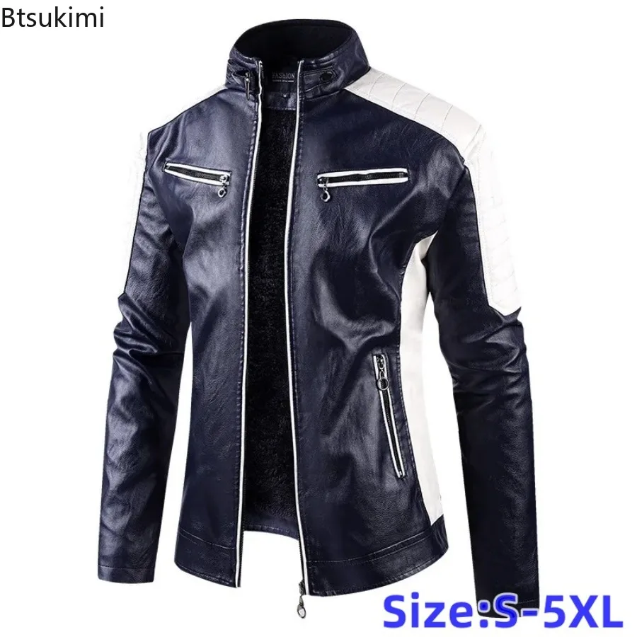 Men's Plus Size Fleece Lined PU Leather Jacket Autumn Winter Thick Warm Motorcycle Biker Coat Casual Windproof Oversized Outwear
