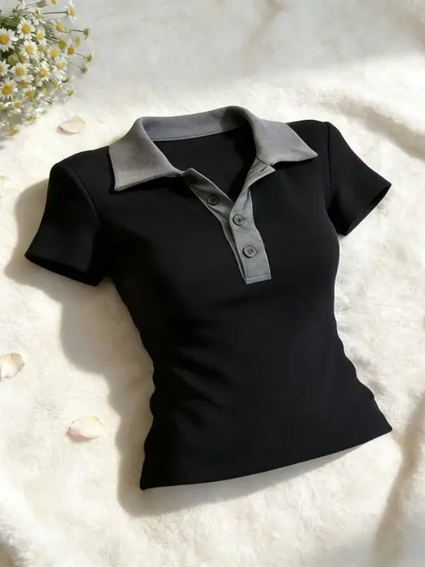 Retro American Color Block Short Sleeve T-Shirt Women's Slimming Waist Short Style Spicy Girl Top Casual Cotton Blend  Shirt