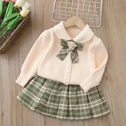 2023 children autumn winter princess clothes set girls bear knitted sweater plaid skirts 2pcs outfit  1-8Y