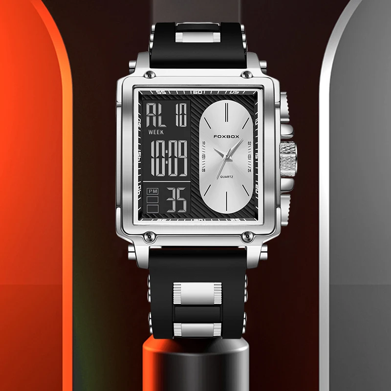 

FOXBOX Electronic Man Watch Fashion Casual Sports Silicone Strap Dual Digital Display Watches for Men Waterproof Week Date Reloj