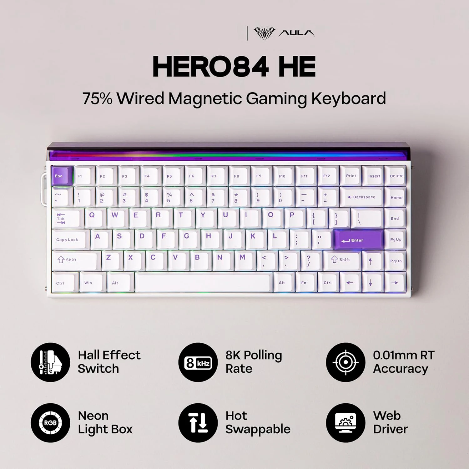 Aula Hero84 HE Wired Magnetic Gaming Keyboard Rapid Hall Effect 8kHz Polling Keyboard RGB Lightbox Backlit for Gaming E-sports