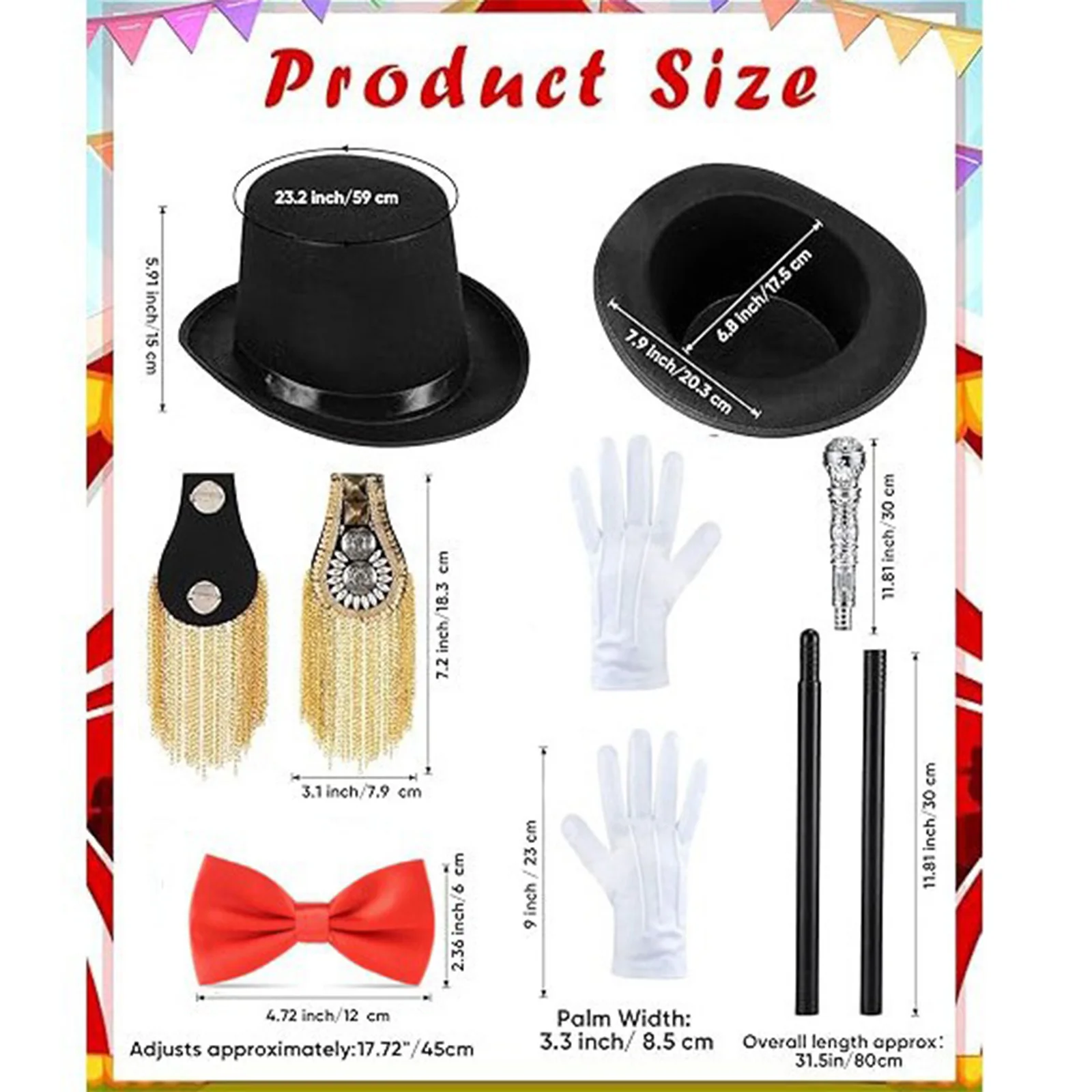 Circus Costumes Accessories Set with Top Hat Gloves Epaulets Bow Tie Whip Or Wand for Adults Halloween Magician Cosplay Costume