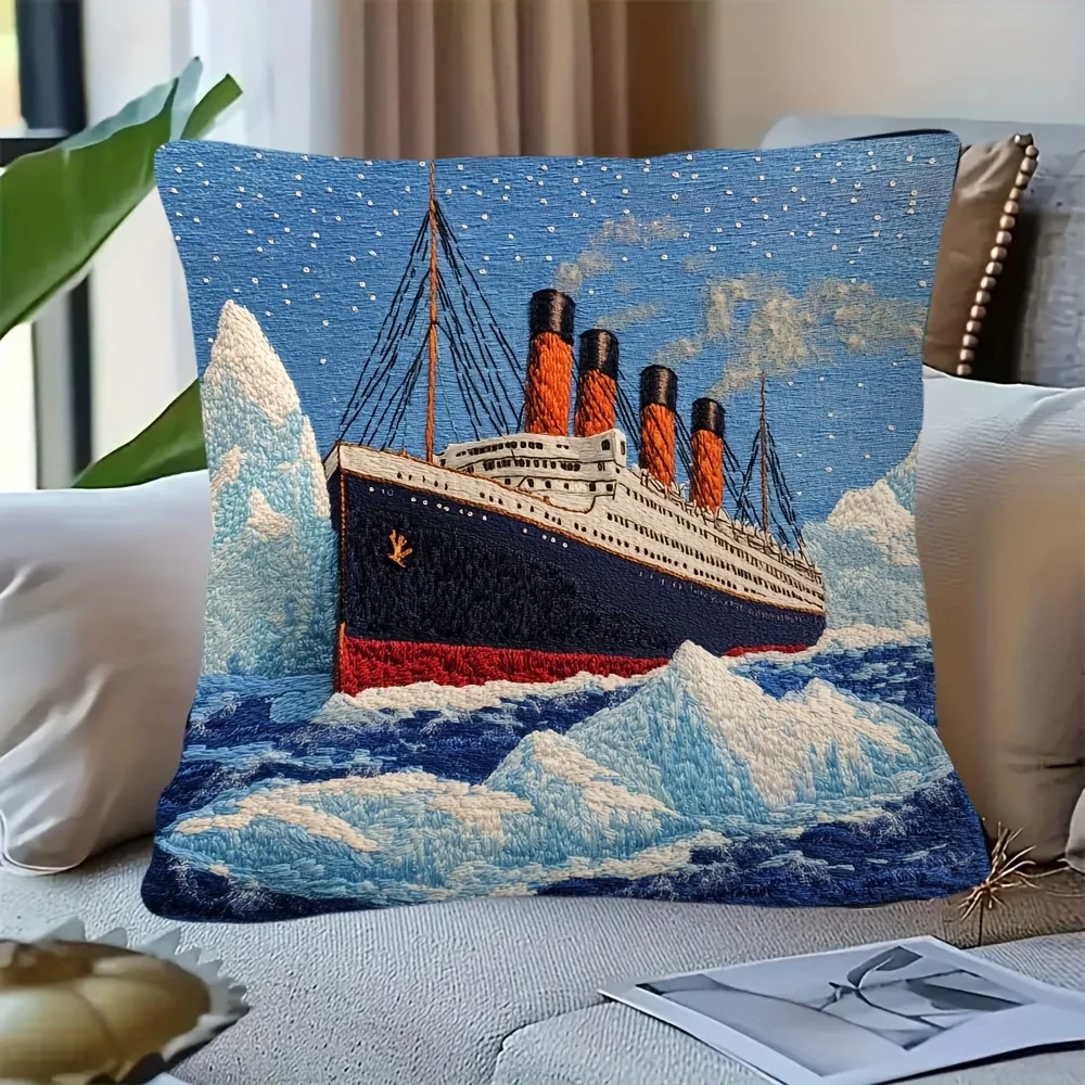 1pc Titanic Ship Throw Pillow Cover, 2D Double-Sided Print Polyester Pillowcase, Nautical Iceberg Cushion Case for Sofa Bedroom,